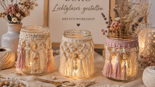 Decorated jars with macramé and candles glowing.