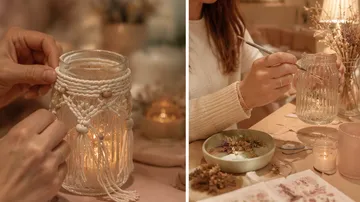 Hands decorating jar with macramé candlelit.