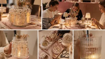 Women decorating jars with macrame candle holders.