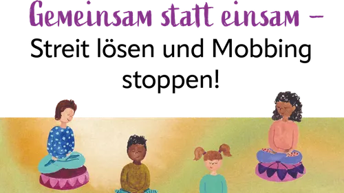 Vier Kinder meditieren auf Kissen im Freien.