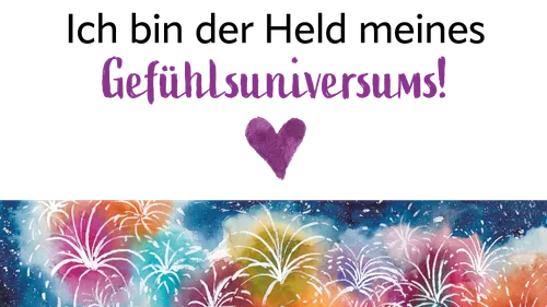 Feuerwerk mit lila Text und Herz.