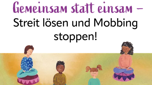 Kinder meditieren auf bunten Kissen.