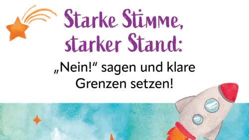 Rakete startet mit Sternen und Text.