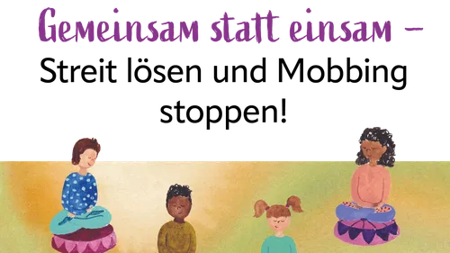 Kinder meditieren auf bunten Kissen.