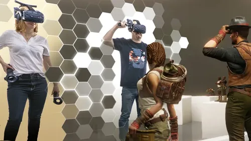 Personen mit VR-Headsets in virtueller Spielszene.