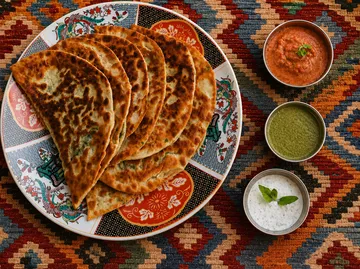 Teller mit Parathas, drei Schalen mit Soßen.