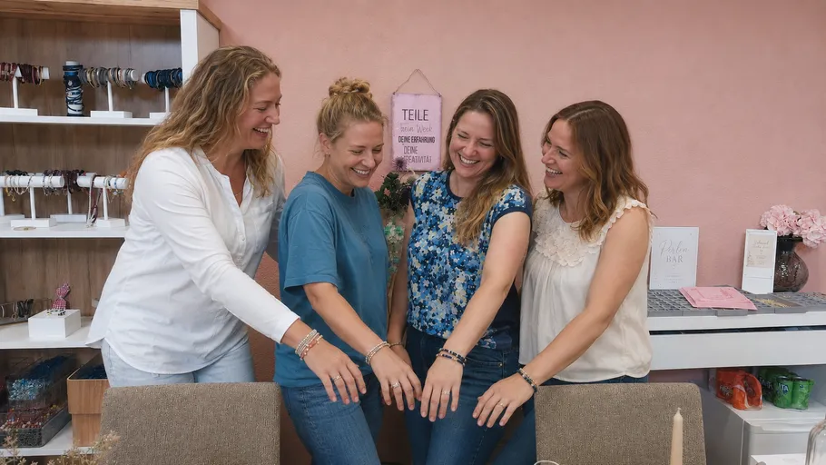 Vier Frauen lächeln, zeigen Armbänder drinnen.