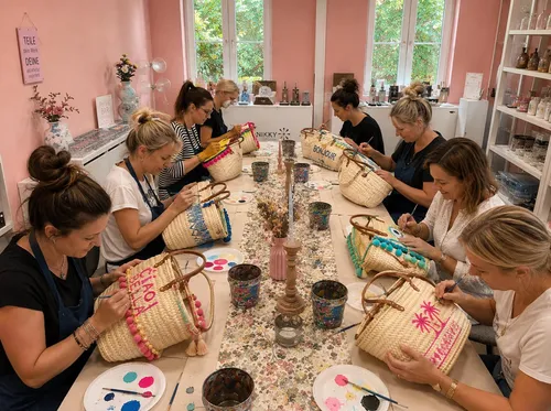 Women painting baskets in a pink room.