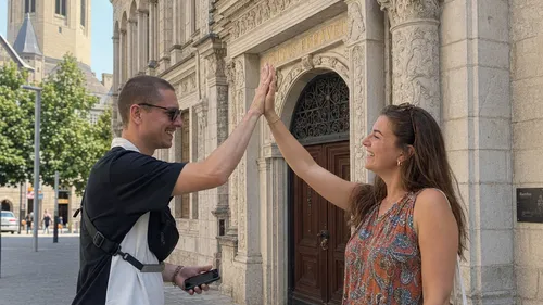 Two people high-fiving outside ornate building.