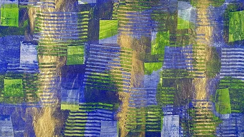 Abstract geometric patterns in blue, green, gold.
