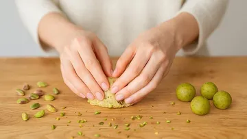 Hands shaping dough on wooden surface.
