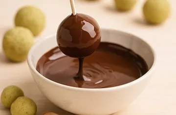 Chocolate-dipped treat in white bowl.