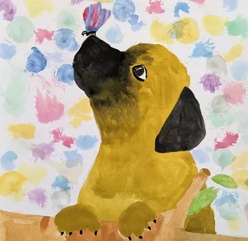 Hund balanciert Teetasse auf Nase, bunte Umgebung.