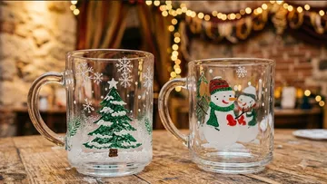 Mug with Christmas design on wooden table.