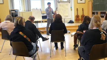 Lehrer unterrichtet Gitarrenklasse im Klassenzimmer.