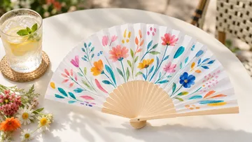 Handfächer mit bunten Blumen auf Tisch.