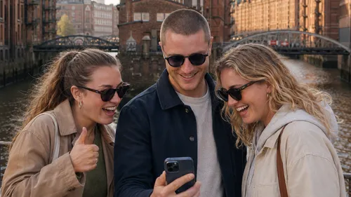 Drei Freunde lächeln zum Smartphone, Stadtkanal im Hintergrund.
