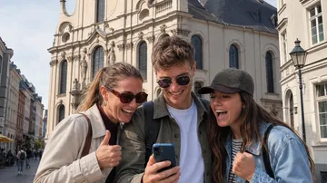 Drei Personen schauen begeistert auf Handy draußen.