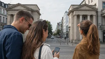 Drei Personen blicken auf Stadtgebäude.