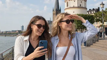 Two women smiling, using a phone outdoors.