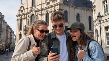 Drei Personen schauen auf Handy, lächeln, vor Gebäude.