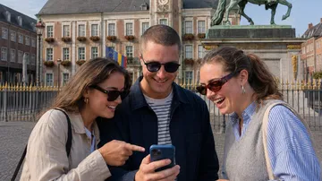 Three friends looking at smartphone, smiling outside.