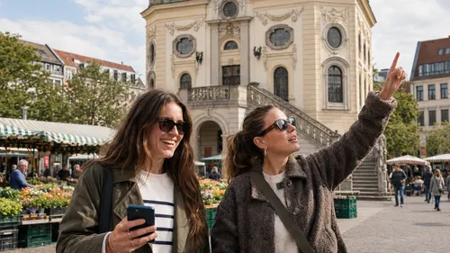 Zwei Frauen besichtigen einen Stadtplatz.