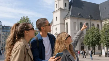Drei Personen bewundern historisches Gebäude in Stadt.