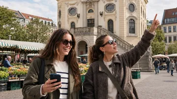 Two women explore city square with market.