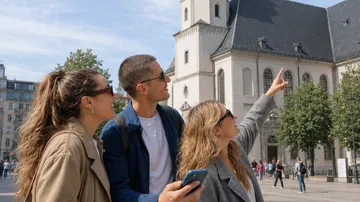 Three people pointing at a church building.