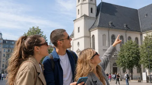Three people pointing at a church outside.
