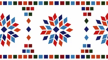 Geometrisches Muster mit bunten Rauten und Quadraten.