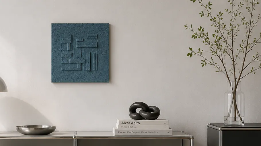 Abstract blue artwork hangs above modern shelf.