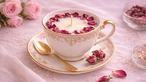 Teetassenkerze mit Rosenblättern auf Tisch.