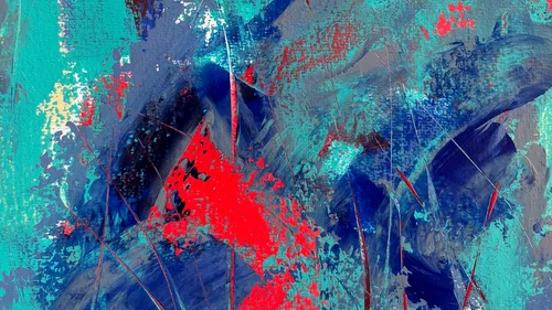 Abstraktes Gemälde in Rot, Blau und Türkis.