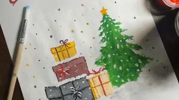 Painted tree and gifts on paper.