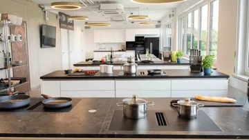 Modern kitchen with sleek appliances and herbs.
