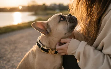 Dog looking up at person outdoors.