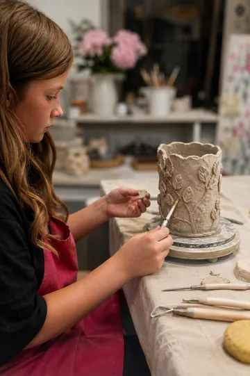 Frau formt Tonvase mit Blumendesign.