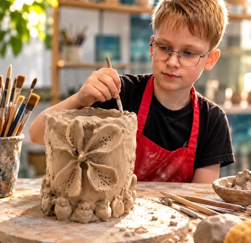 Kind gestaltet Tontopf im Kunststudio.