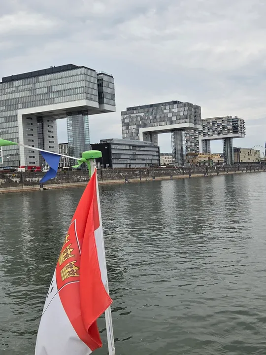 Modern buildings overlooking a river view.