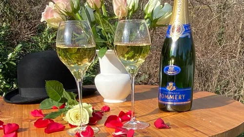 Sektgläser und Flasche auf Gartentisch