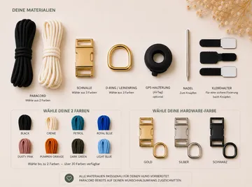 Assorted crafting materials displayed on table.