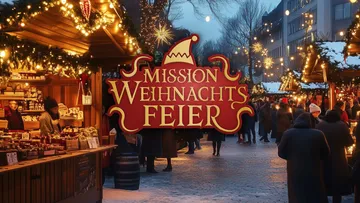 Weihnachtsmarkt mit festlichen Lichtern und Ständen.