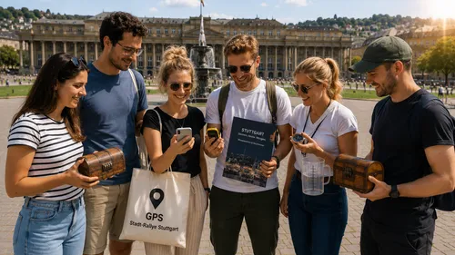 Group holding maps and gadgets outdoors.