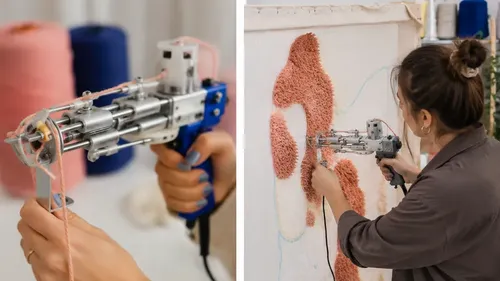 Person using tufting gun on fabric art.