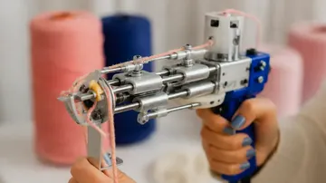 Person nutzt Tufting-Pistole mit Garnspulen.