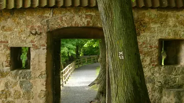 Steinbogen mit Weg und Bäumen.