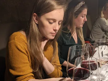 Young women sit, drink wine, concentrate on tasting.