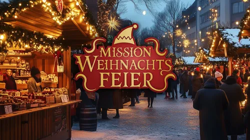 Weihnachtsmarktstände beleuchtet bei Nacht.